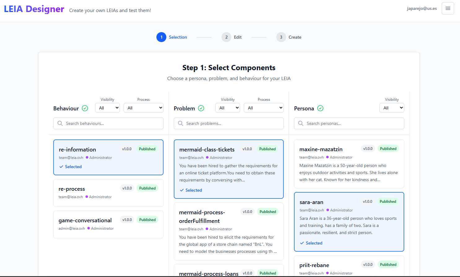 LEIAs component selection